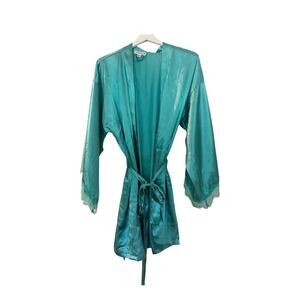 In Bloom by Jonquil Teal Green Blue Satin Lace Trim Tie Robe Size Medium Large
